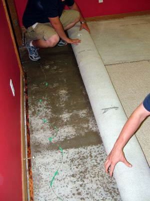 Merion Park water damaged carpet being removed by two men.